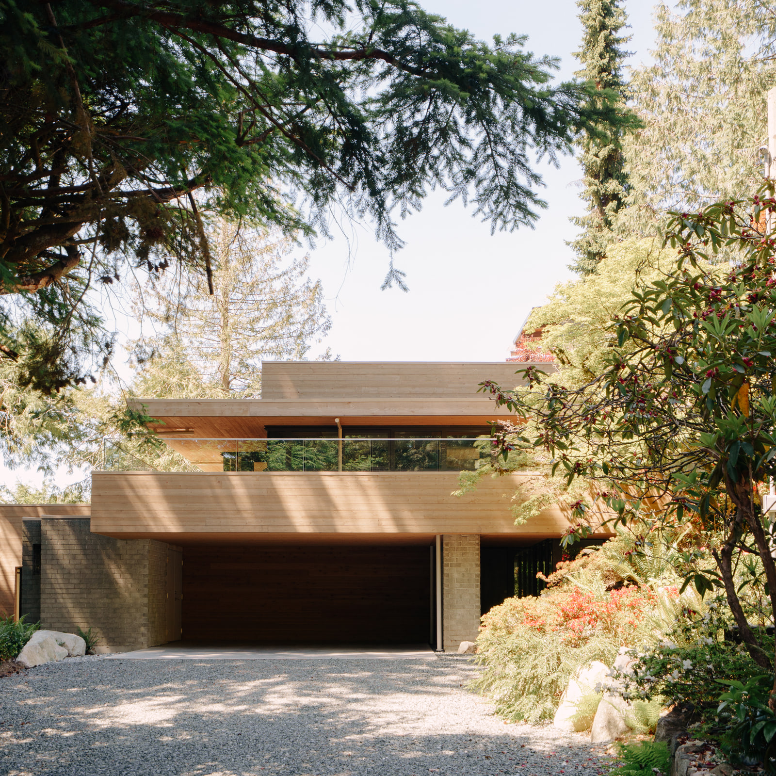 Fells House framed by mature trees, with its horizontal cedar volume above the driveway.