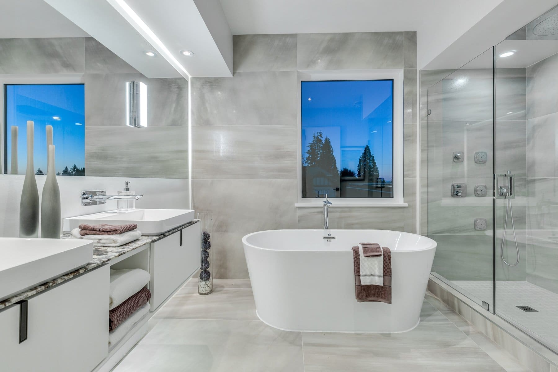 Wavertree — Bathroom with freestanding tub and glazed shower
